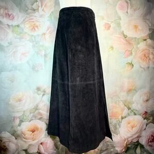 Vintage 90s Brandon Thomas Black Suede Leather A-Line Maxi Skirt